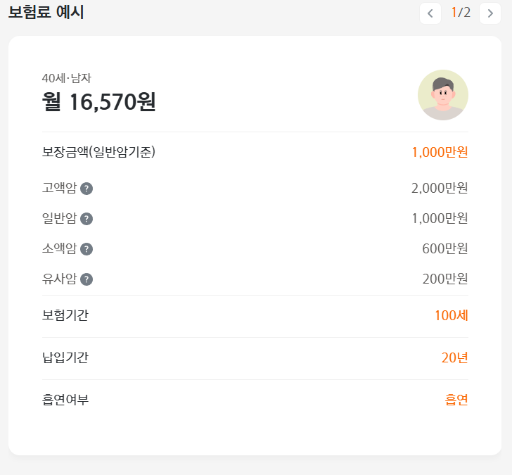 한화 e암보험 비갱신형 남성 보험료 예시